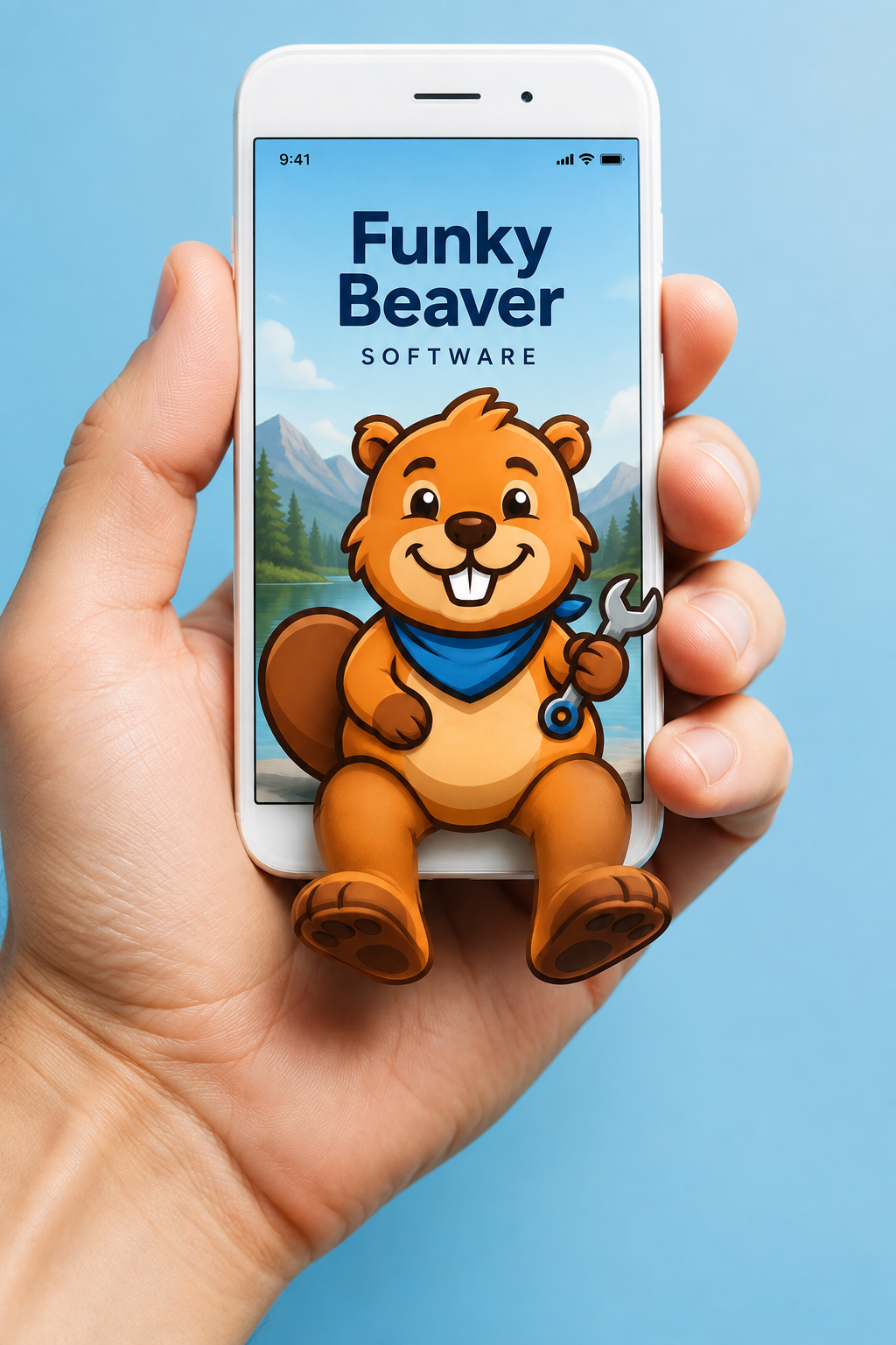 FunkyBeaver beaver mascot sitting on a phone
